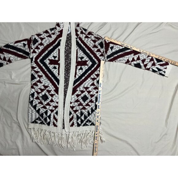 Vintage Aztec Knit Hooded Cardigan Open Front Sweater With Fringe Trim Boho Styl - Picture 6 of 11